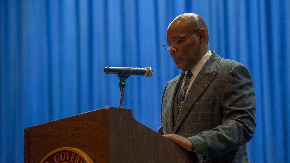 Tyrone Garner, the first Black mayor of Kansas City, Kansas and Wyandotte County, gives prepared remarks to the audience after his inauguration Monday, Dec. 13, 2021, at Memorial Hall in Kansas City, Kansas.