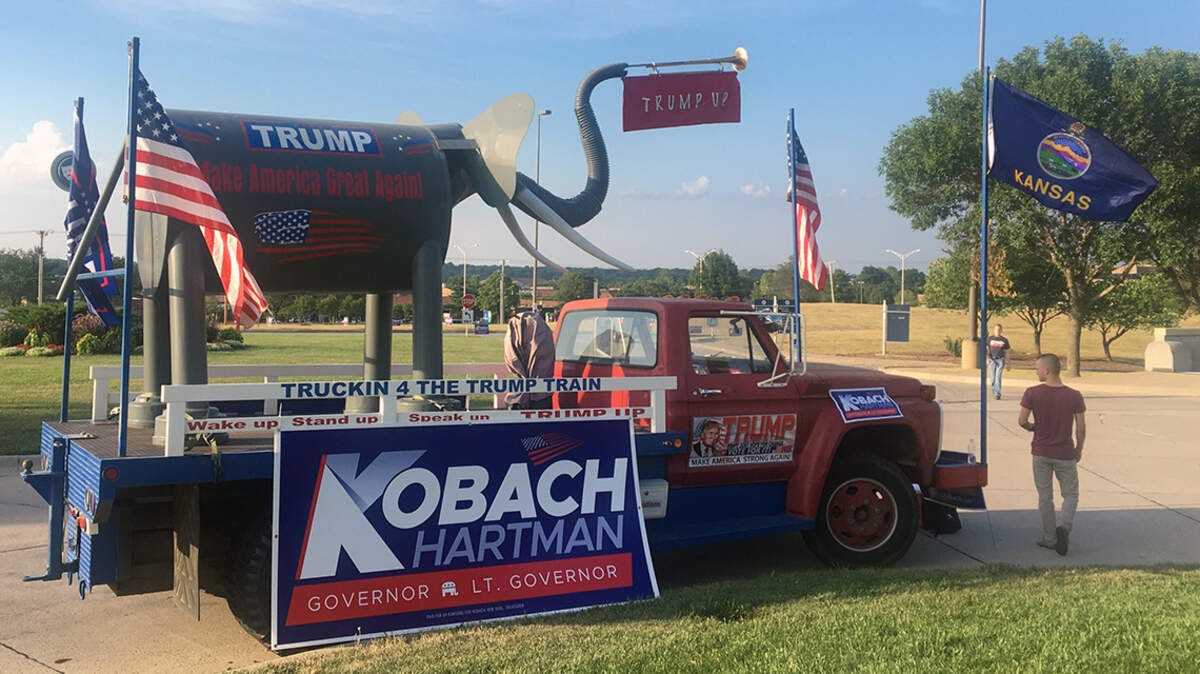 Kansas Secretary of State Kris Kobach's truck at Thursday night's debate