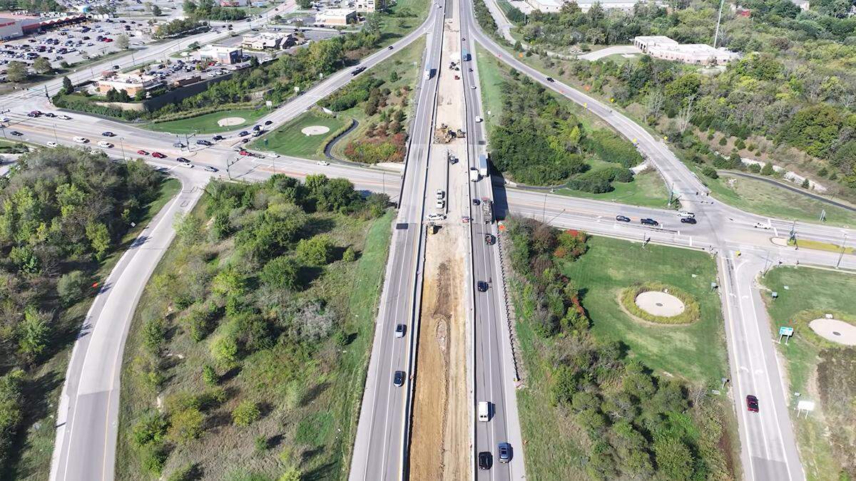 A screenshot of a Missouri Department of Transportation video shows a portion of Interstate 70 between Blue Springs and Odessa under construction.