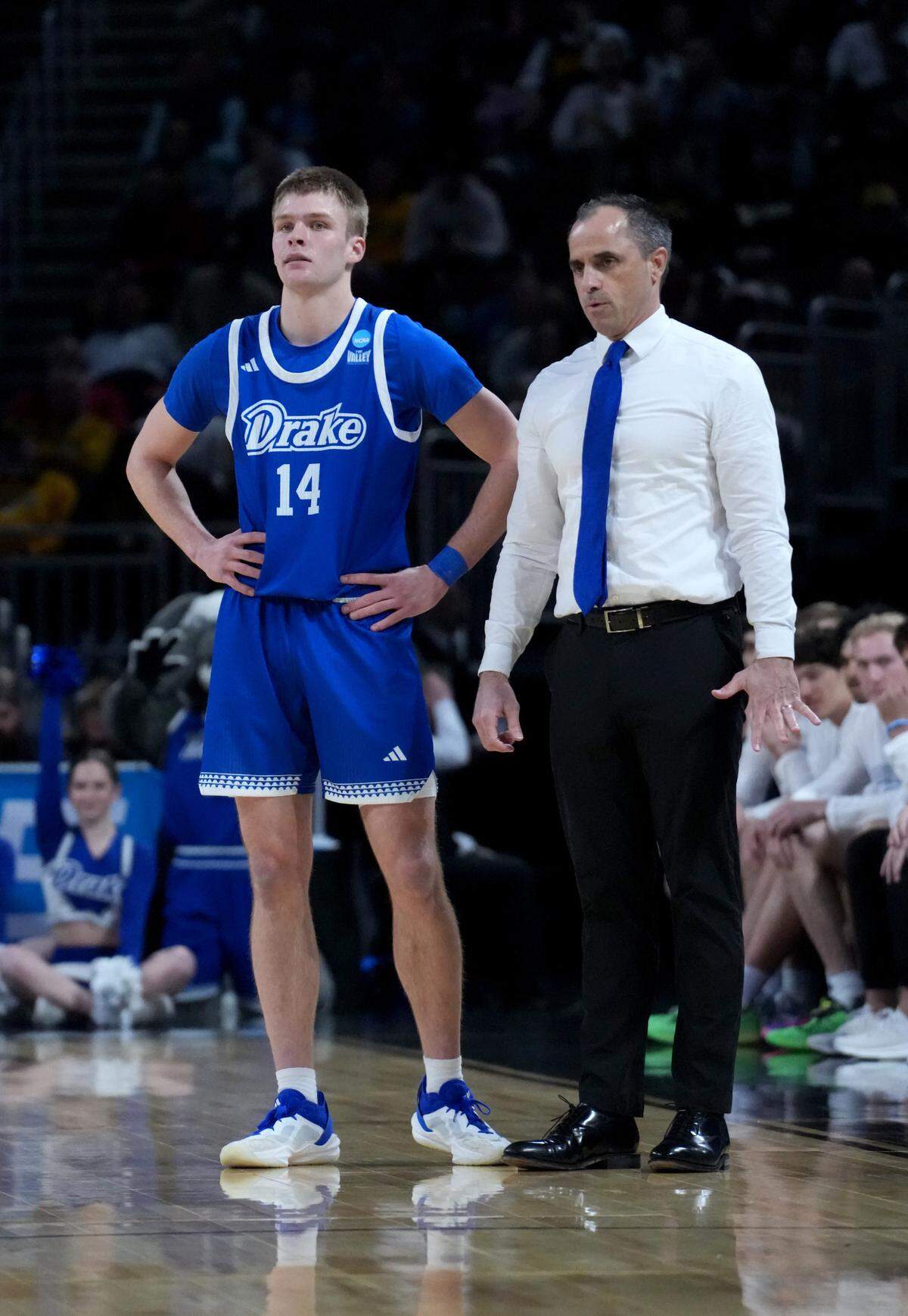 Drake Bulldogs guard Bennett Stirtz (14) and head coach Ben McCollum in the first half of a first round men’s NCAA Tournament game against the Missouri Tigers at Intrust Bank Arena in Wichita on March 20, 2025.