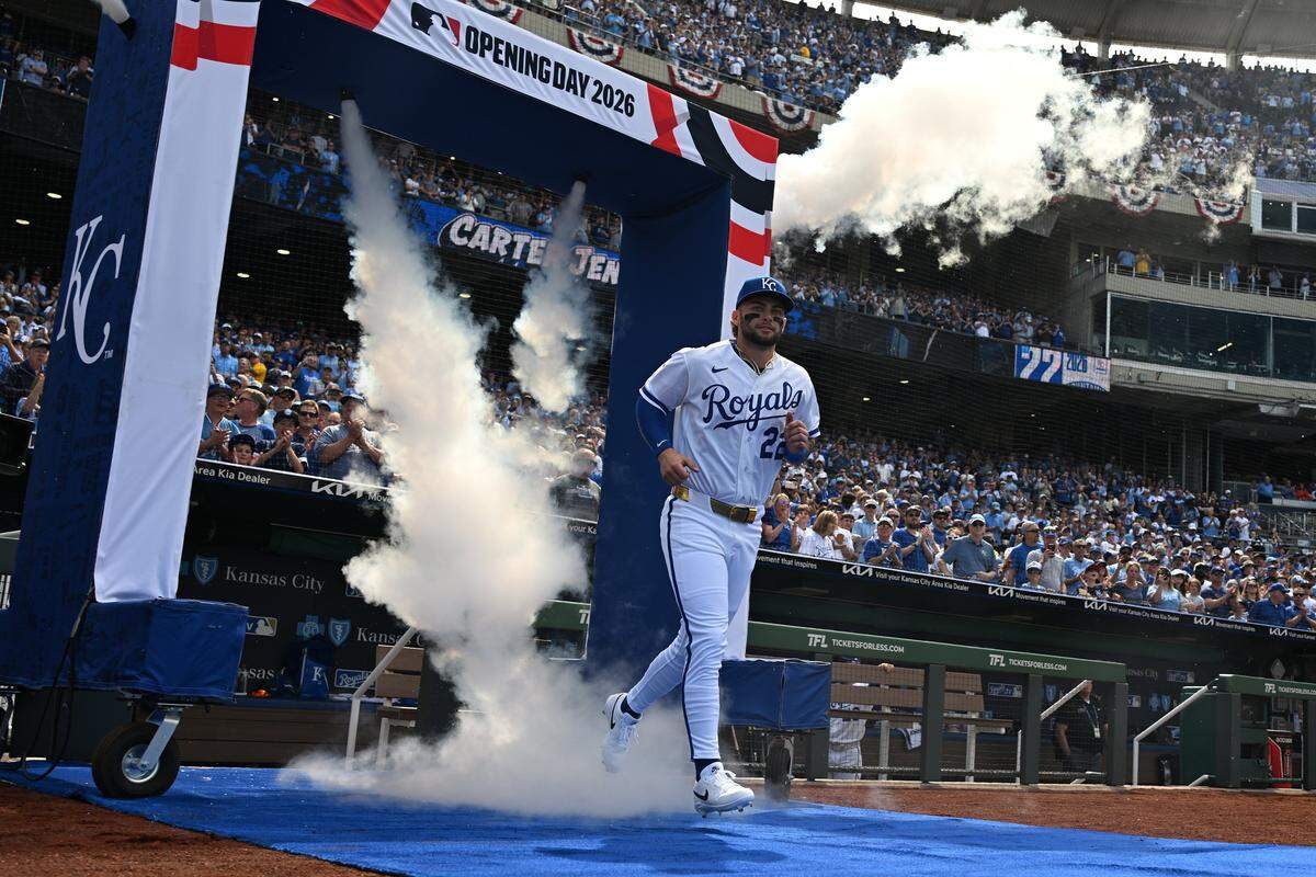 Kansas City Royals catcher Carter Jensen (22) walks out during player introductions before the home opener against the Minnesota Twins at Kauffman Stadium on Monday, March 30, 2026, in Kansas City.