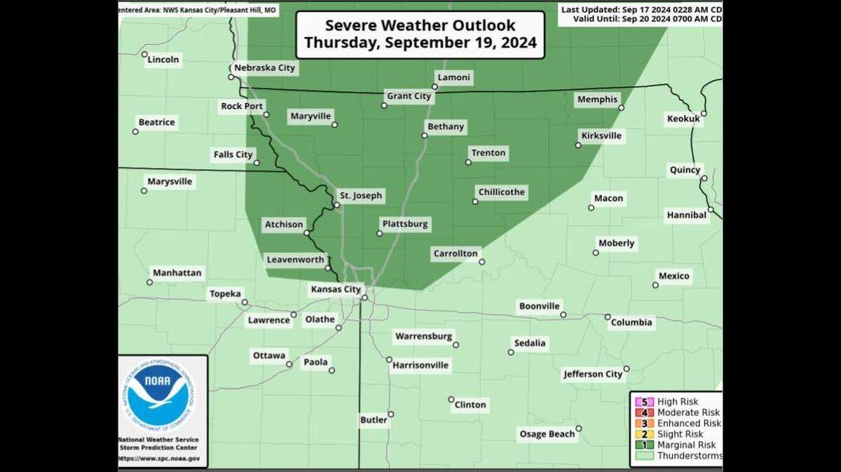 Parts of Kansas City’s Northland is included in the area at marginal risk for severe thunderstorms on Thursday, according to the National Weather Service. The metro’s best chance of rain, however, won’t come until the weekend.