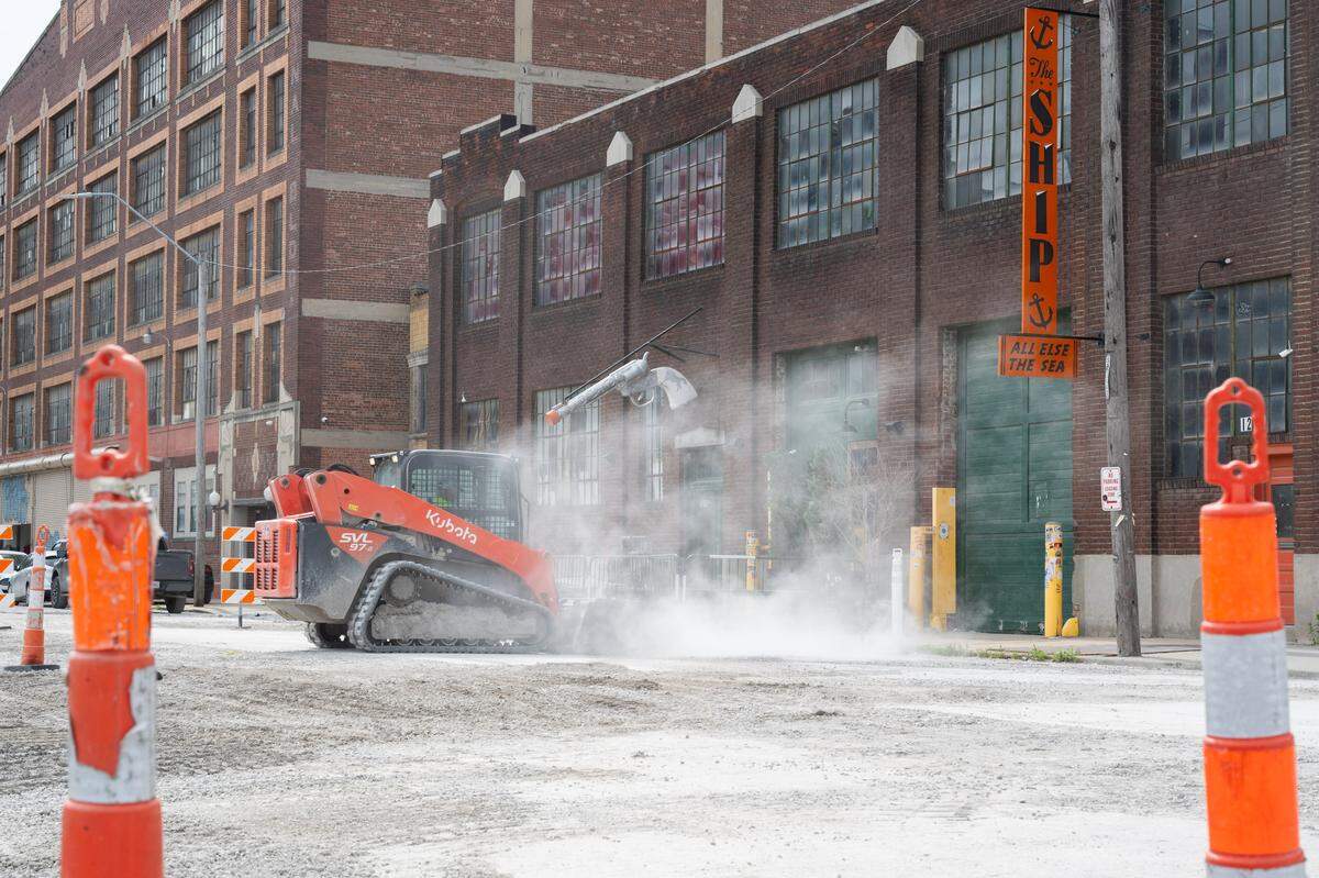 Road work being performed by construction crews in the West Bottoms on Tuesday, June 2, 2026.