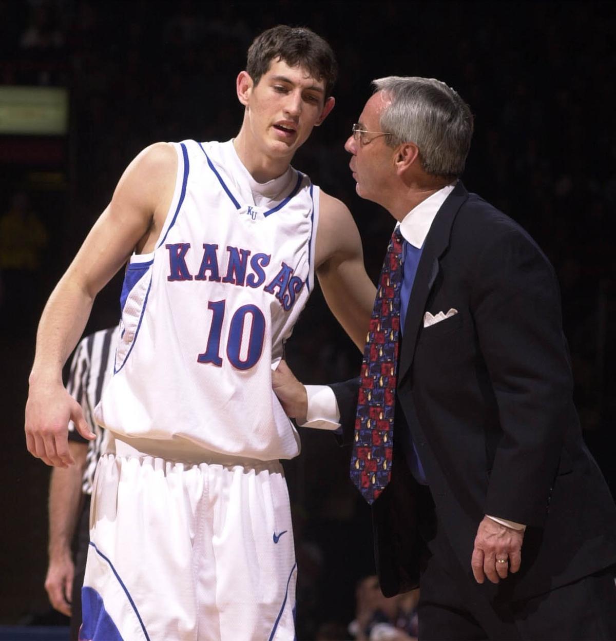 Kansas coach Roy Williams and guard Kirk Hinrich vs. Nebraska January 2000.