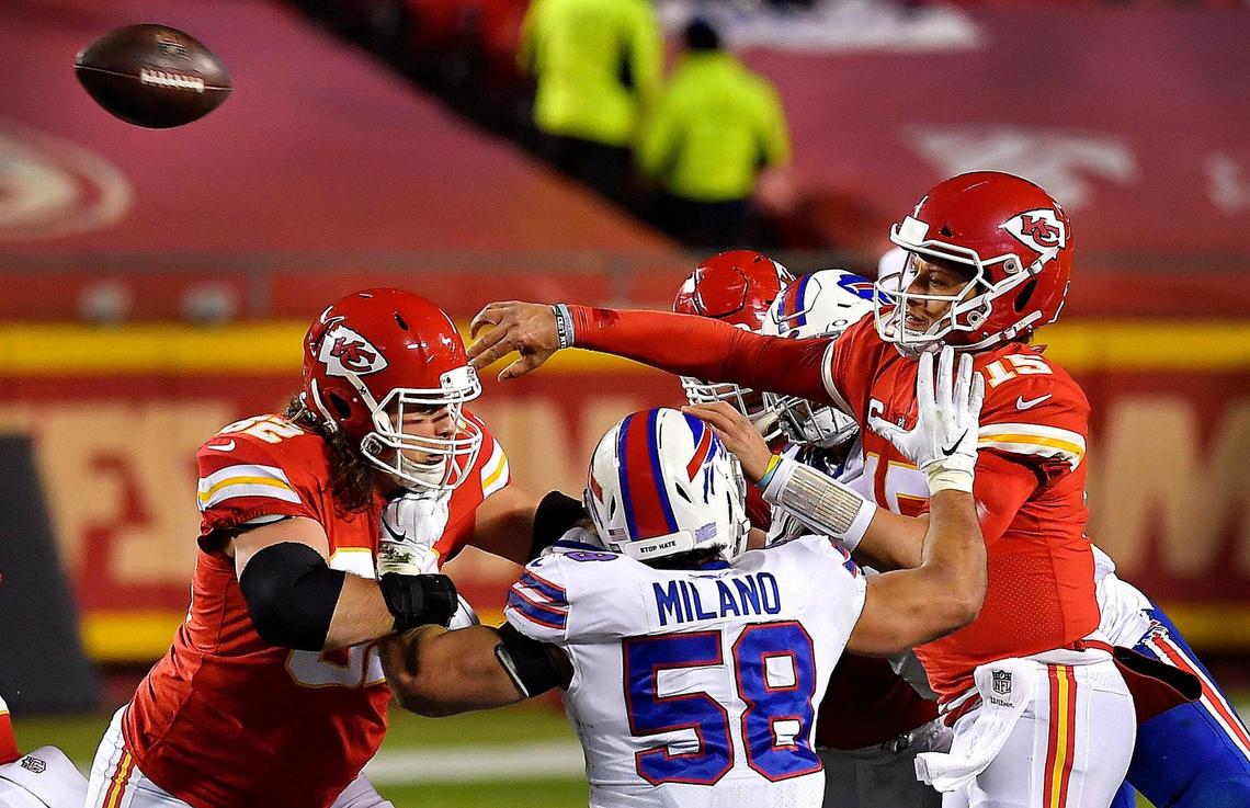 Chiefs quarterback Patrick Mahomes gets rid of a pass while under pressure during the second half of the AFC Championship Game Sunday at Arrowhead Stadium. Kansas City beat Buffalo, 38-24.