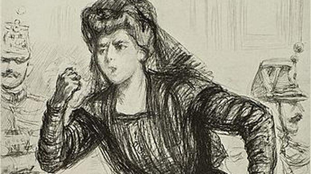 A courtroom drawing from the French press: Margeurite Steinheil explains herself in court.