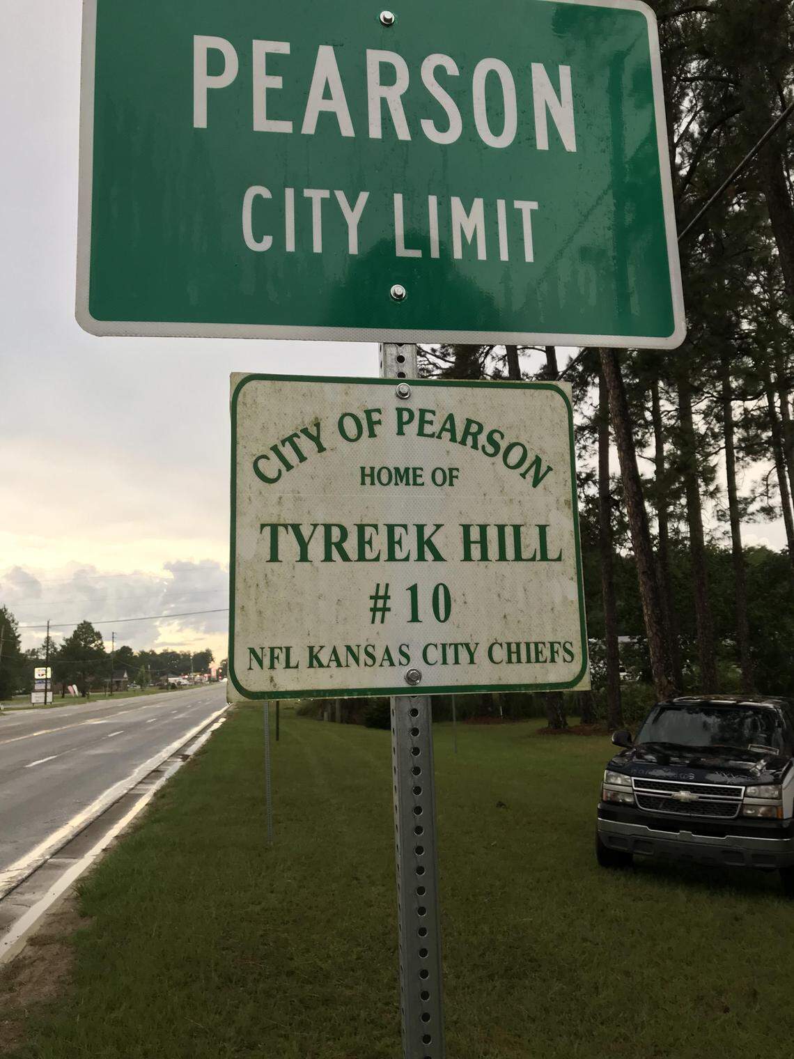 This highway sign lauding Chiefs receiver Tyreek Hill greets visitors to Pearson, Georgia.