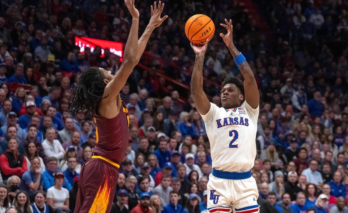 Kansas Jayhawks guard AJ Storr (No. 2) takes a shot during a college basketball game against the Arizona State Sun Devils at Allen Fieldhouse on Wednesday, Jan. 8, 2025, in Lawrence, Kansas.