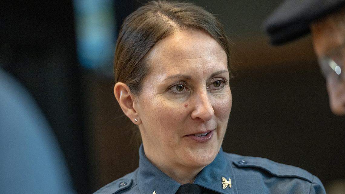 Kansas City Police Chief Stacey Graves speaks to a reporter after a press conference at Kansas City Police Department (KCPD) Headquarters on Wednesday, Jan. 3, 2024, in Kansas City. Chief Graves addressed the media, discussing the violent crime trends in 2023 and outlined safety measures for the upcoming year.