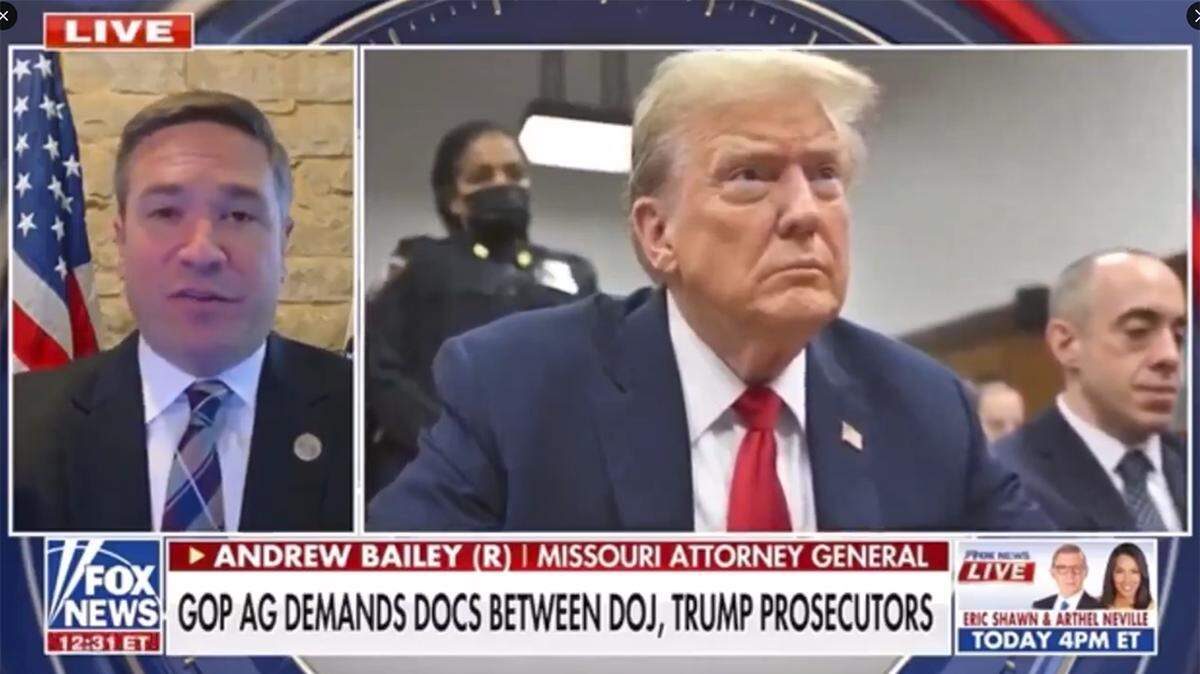Missouri Attorney General Andrew Bailey appears on Fox News to defend Donald Trump in his New York trial for falsifying business records to interfere in the 2016 presidential election.