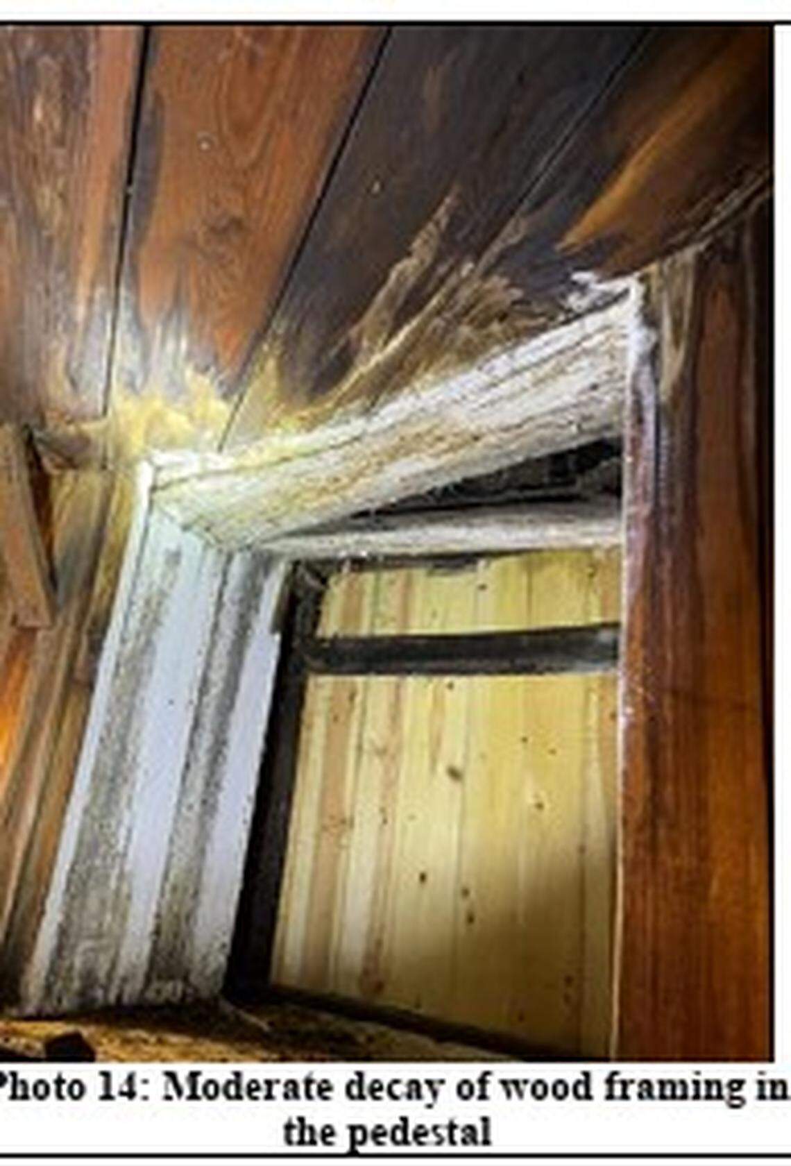 Moderate decay seen in the wood framing of the bell tower atop the Sisters of Loretto Academy, 1111 W. 39th St.