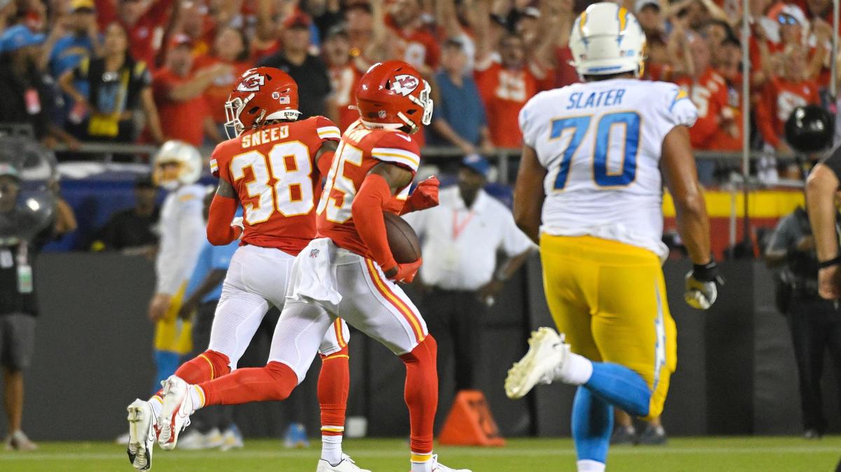 Kansas City Chiefs cornerback Jaylen Watson picked of Los Angeles Chargers quarterback Justin Herbert in the fourth quarter and ran the ball back 99 yards for a Chiefs touchdown Thursday, September 15, 2022, at Arrowhead Stadium.