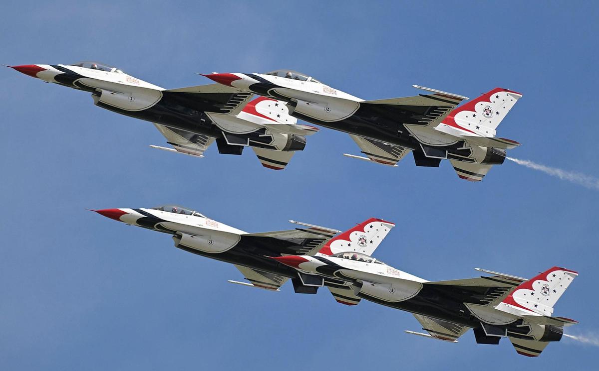 The U.S. Air Force Thunderbirds arrive from Las Vegas at the New Century AirCenter on Thursday, Sept. 1, 2022, in Gardner, Kansas, for the Garmin KC Air Show, which runs Saturday and Sunday. The show features the Thunderbirds, who are on hand to celebrate the U.S. Air Force’s 75th anniversary, and their 69th anniversary. The elite flight squadron will fly in formation at speeds from 150 to 700 mph and at times will be only 18 inches apart.