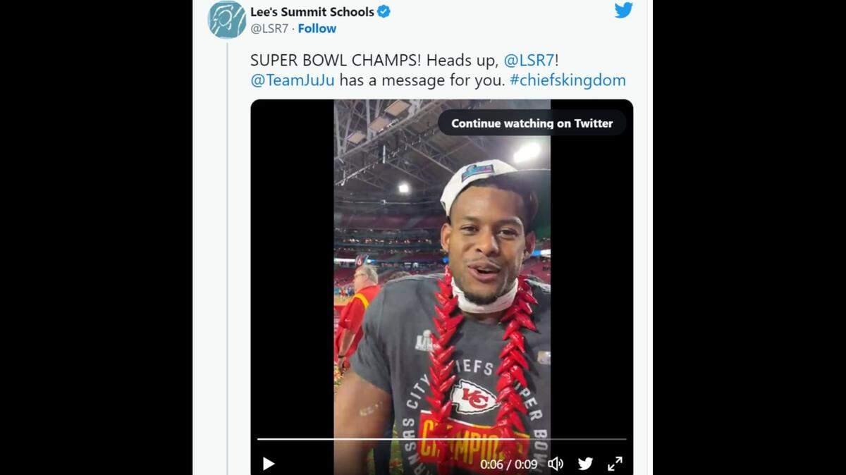 Kansas City Chiefs wide receiver JuJu Smith-Schuster told Lee’s Summit students in a video on Twitter that thanks to their victory in Sunday’s Super Bowl, school is closed for the parade on Wednesday.