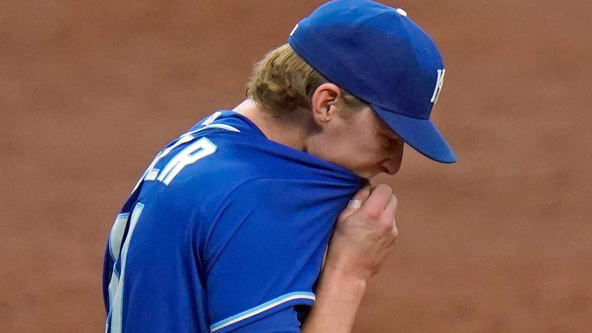 Kansas City Royals starting pitcher Brady Singer reacts after giving up a two-run home run to Tampa Bay Rays’ Austin Meadows during the third inning Thursday, May 27, 2021, in St. Petersburg, Fla.