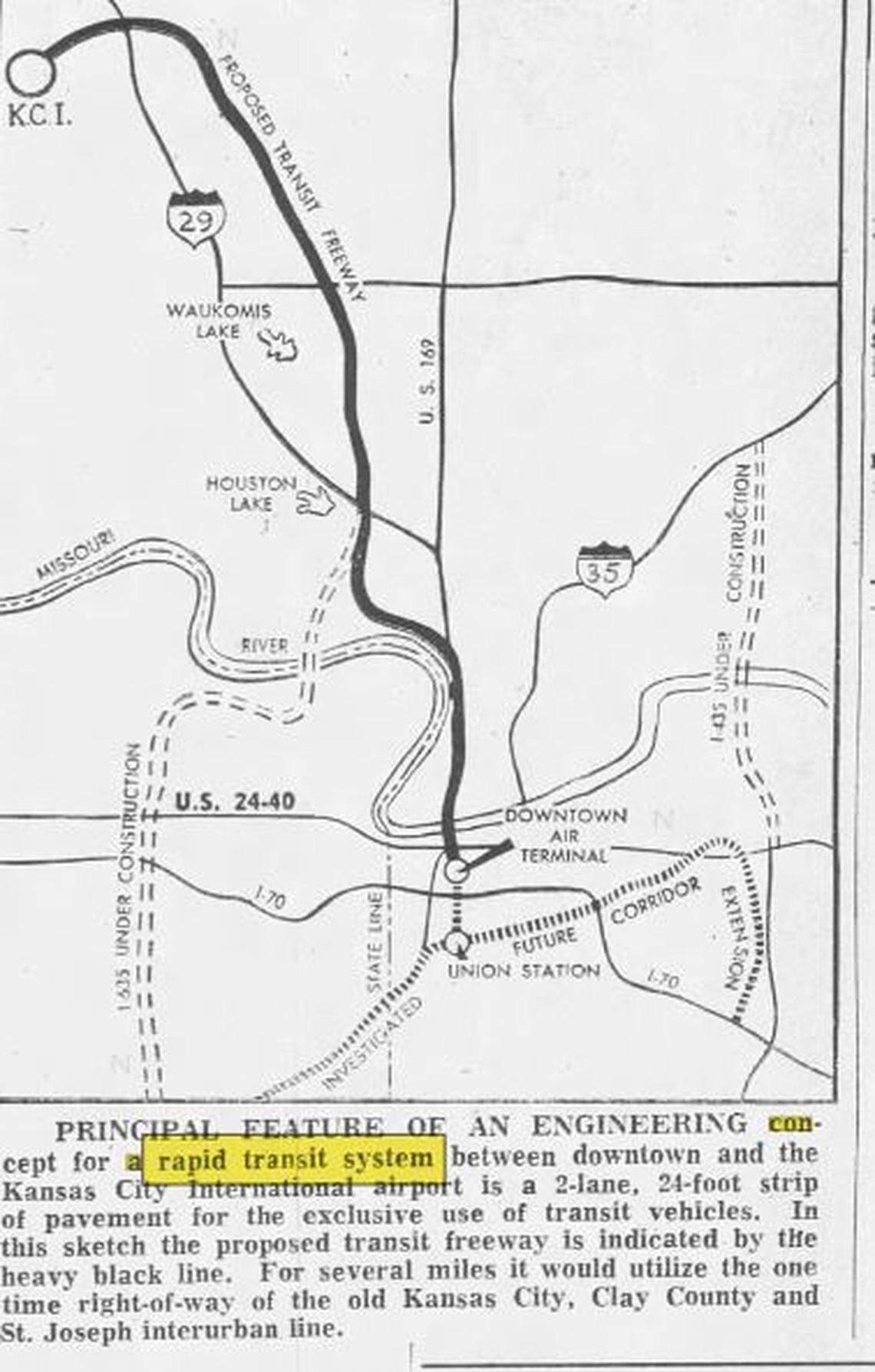 Proposed mass transit route to Kansas City International Airport in 1968