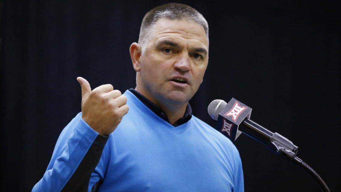 Pete Hughes, then the baseball coach at Oklahoma, speaks during a news conference in Tulsa, Okla., Tuesday, May 19, 2015. Hughes was hired as Kansas State's coach on June 8, 2018.