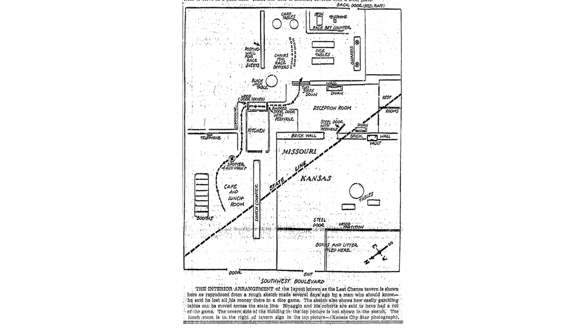 Illustrated layout of the Last Chance Tavern at 3205 Southwest Blvd. The Kansas City Times, April 7, 1950.