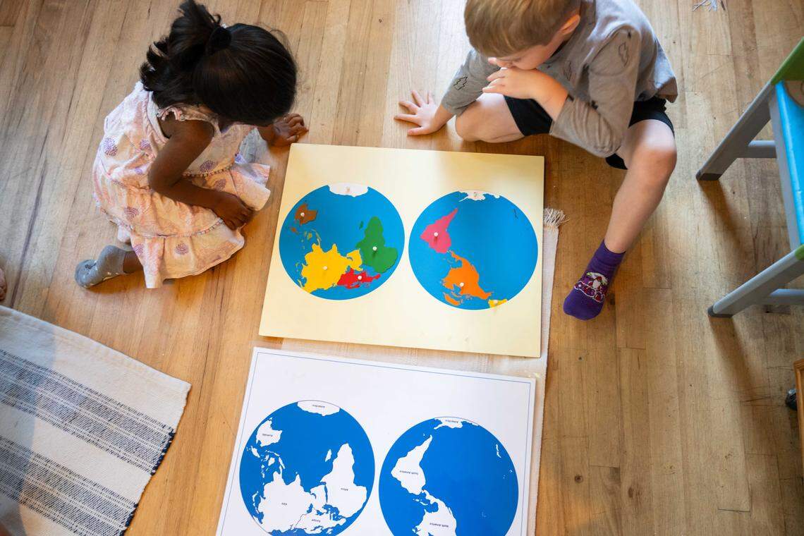 Young children play and learn at a Montessori school ran by Buddhika Kimmanthudawa on Thursday, October 16, 2025, in Leawood. Kimmanthudawa is facing legal threats from her HOA because of parking, traffic complaints and HOA is claiming that she can't operate a business in the HOA.