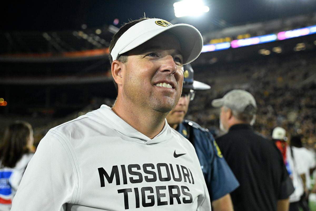 Coach Eli Drinkwitz of the Missouri Tigers looks on after defeating the South Carolina Gamecocks at Faurot Field at Memorial Stadium on September 20, 2025 in Columbia.