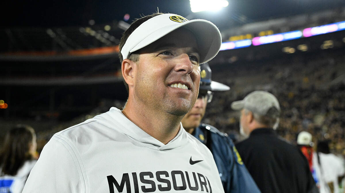 Coach Eli Drinkwitz of the Missouri Tigers looks on after defeating the South Carolina Gamecocks at Faurot Field at Memorial Stadium on September 20, 2025 in Columbia.
