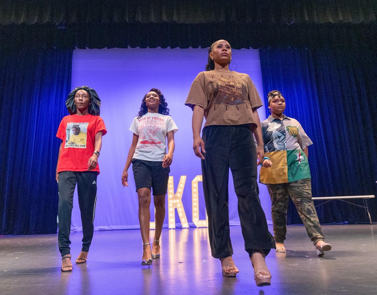 Miss JuneteenthKC Pageant contestants from left, De’ony Blakley, Londynn Pickens, Nevaeh Harding and Taelyn Sanders practiced their walk at the Gem Theater.