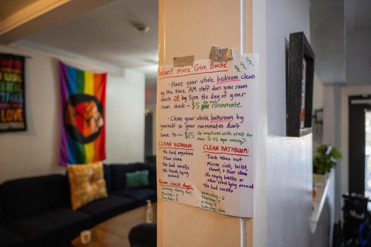 Rules posted at Pride Haven, a low-barrier shelter meant for LGBTQ+ people between 18 and 24 years old in Kansas City, Missouri on Friday, Oct. 25.