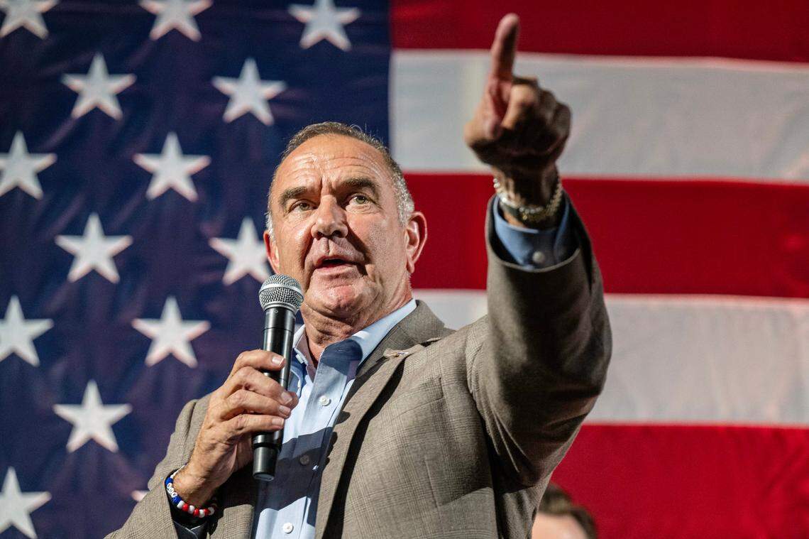 Missouri Lt. Gov. Mike Kehoe speaks to supporters Tuesday, Aug. 6, 2024, at a primary election night watch party in Jefferson City.