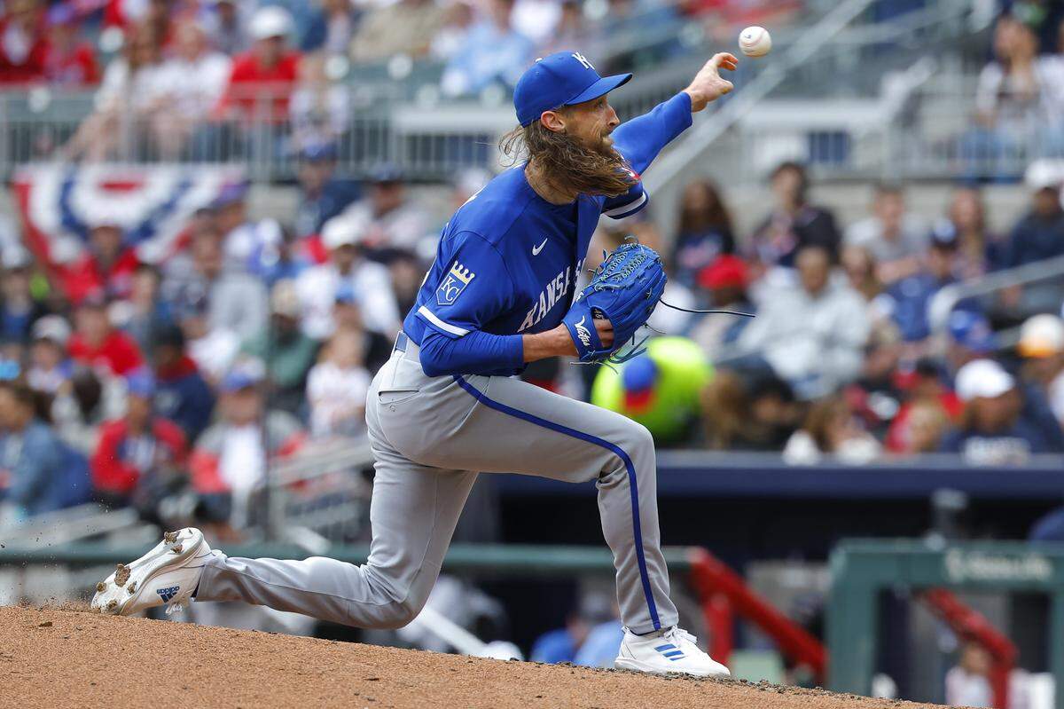 Kansas City Royals reliever Matt Strahm (#25) pitches during the seventh inning against the Atlanta Braves at Truist Park on March 29, 2026 in Atlanta, Georgia.
