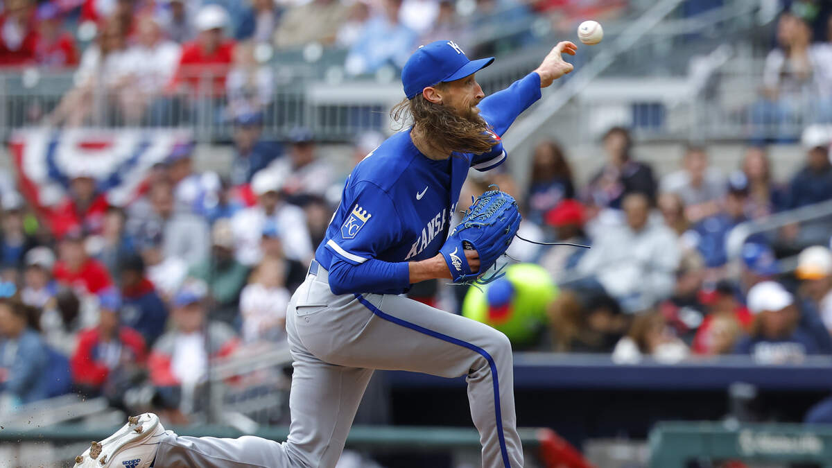 Kansas City Royals reliever Matt Strahm pitches during the seventh inning against the Atlanta Braves at Truist Park on March 29, 2026 in Atlanta, Georgia.