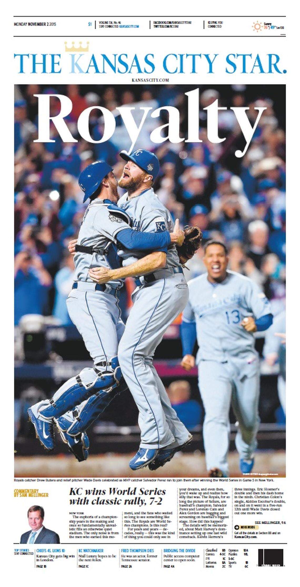 The front page of The Kansas City Star the day after the Royals beat the Mets in Game 5 of the World Series on Nov. 1, 2015.