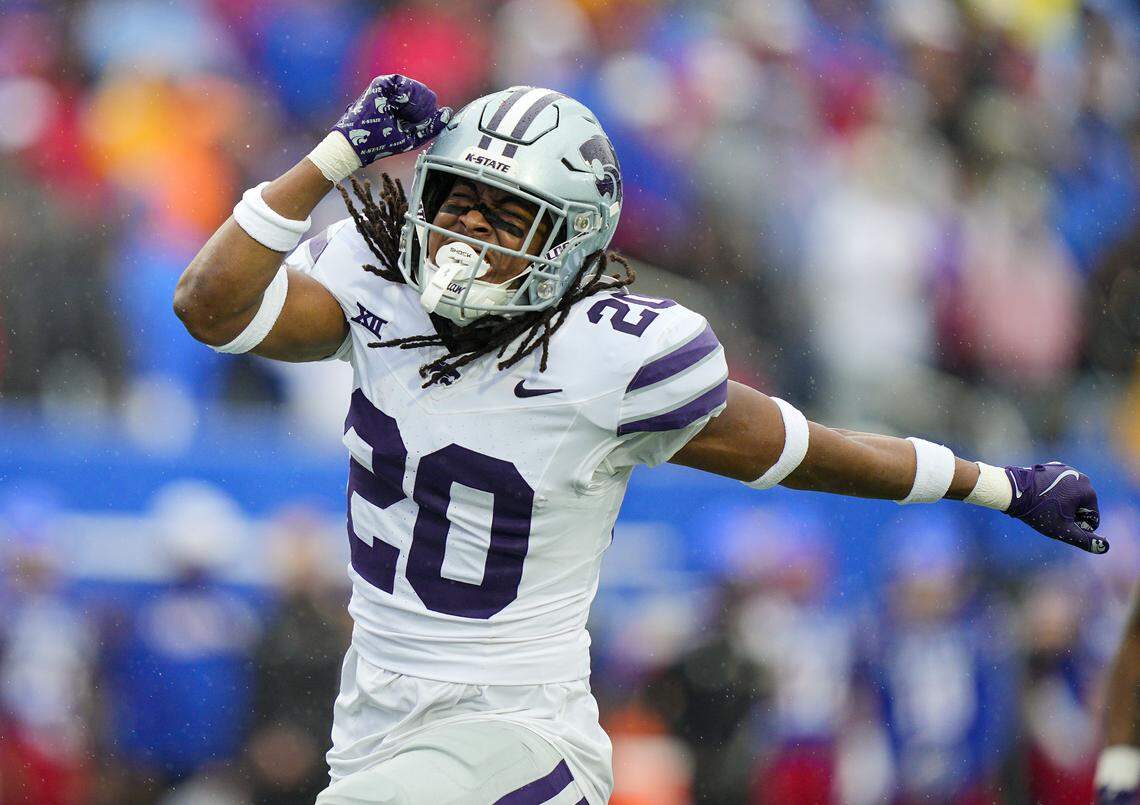 Ralph Ortiz #20 of the Kansas State Wildcats celebrates during the first half against the Kansas Jayhawks at David Booth Kansas Memorial Stadium on October 25, 2025 in Lawrence, Kansas.