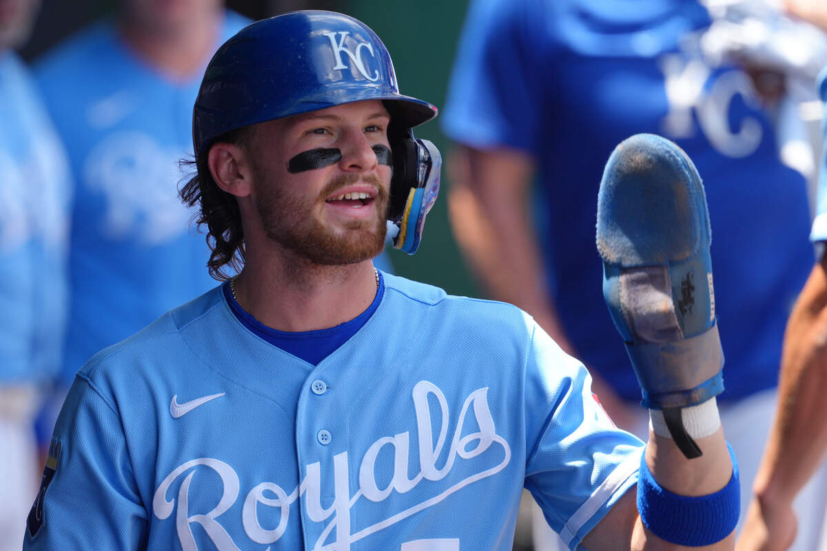 Bobby Witt Jr. #7 of the Kansas City Royals celebrates after scoring against the Philadelphia Phillies in the first inning at Kauffman Stadium on July 6, 2026 in Kansas City.