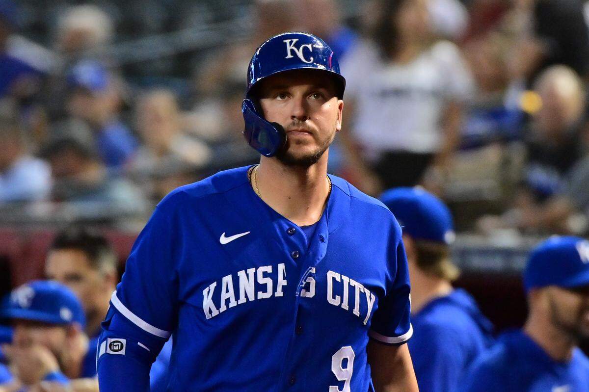 Kansas City Royals first baseman Vinnie Pasquantino (9) looks on prior to the game against the Arizona Diamondbacks at Chase Field in Phoenix on April 26, 2023.