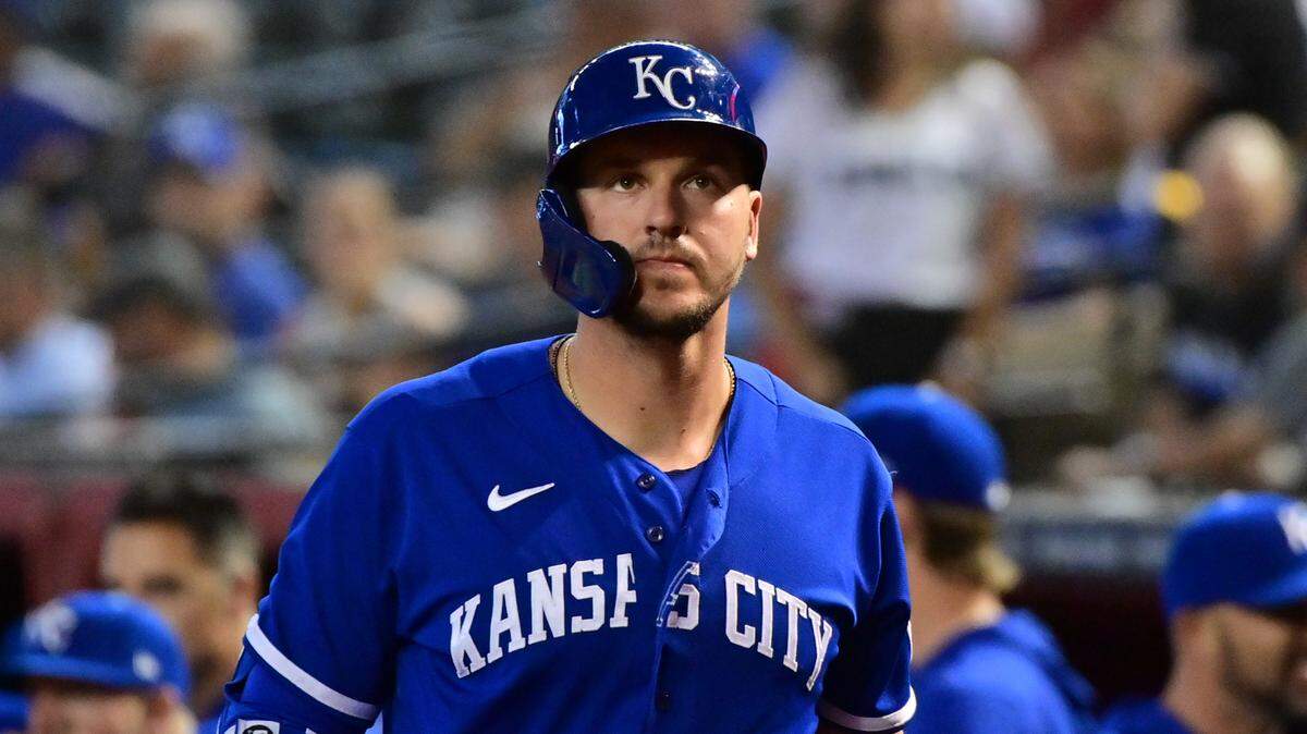 Kansas City Royals first baseman Vinnie Pasquantino (9) looks on prior to the game against the Arizona Diamondbacks at Chase Field in Phoenix on April 26, 2023.