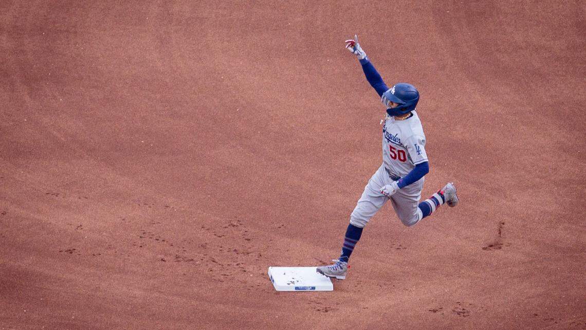 Los Angeles Dodgers right fielder Mookie Betts rounds the bases after hitting a home run during Friday’s first inning against the Royals at Kauffman Stadium.