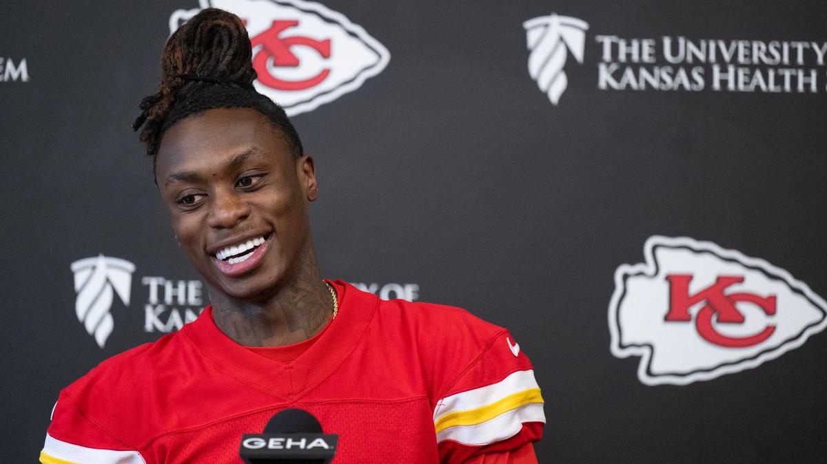 Kansas City Chiefs first-round pick and wide receiver Xavier Worthy answers questions from media members during rookie minicamp at the team’s practice facility on Saturday, May 4, 2024.