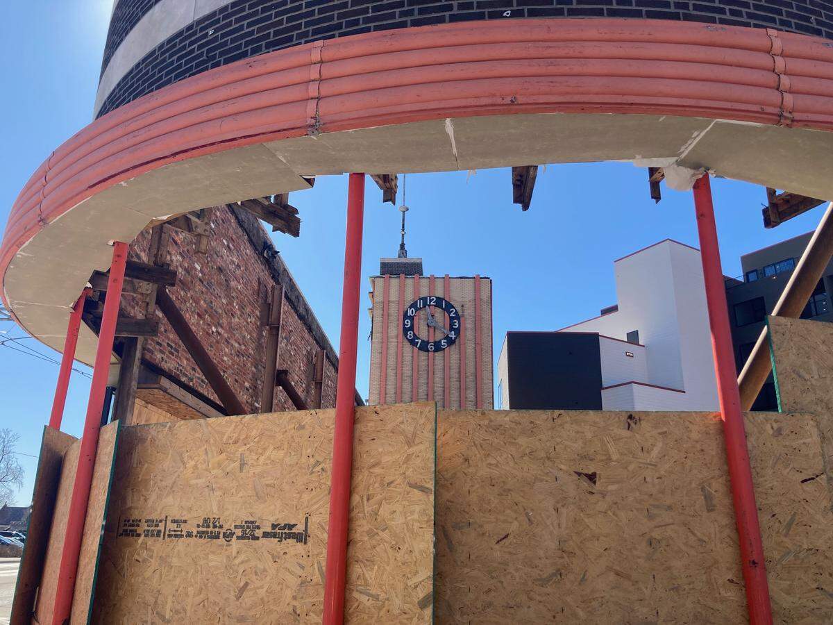 The facade of the historic Katz Drug store remains an shell open to the weather at the Katz on Main apartment development on Main Street and Westport Road.