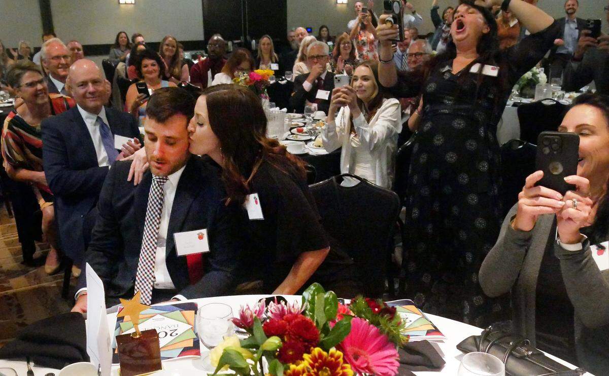 At a banquet in Wichita on Sept. 23, Taylor Bussinger, an eighth grade social studies teacher at Prairie Trail Middle School, accepted the title of 2024 Kansas Teacher of the Year.