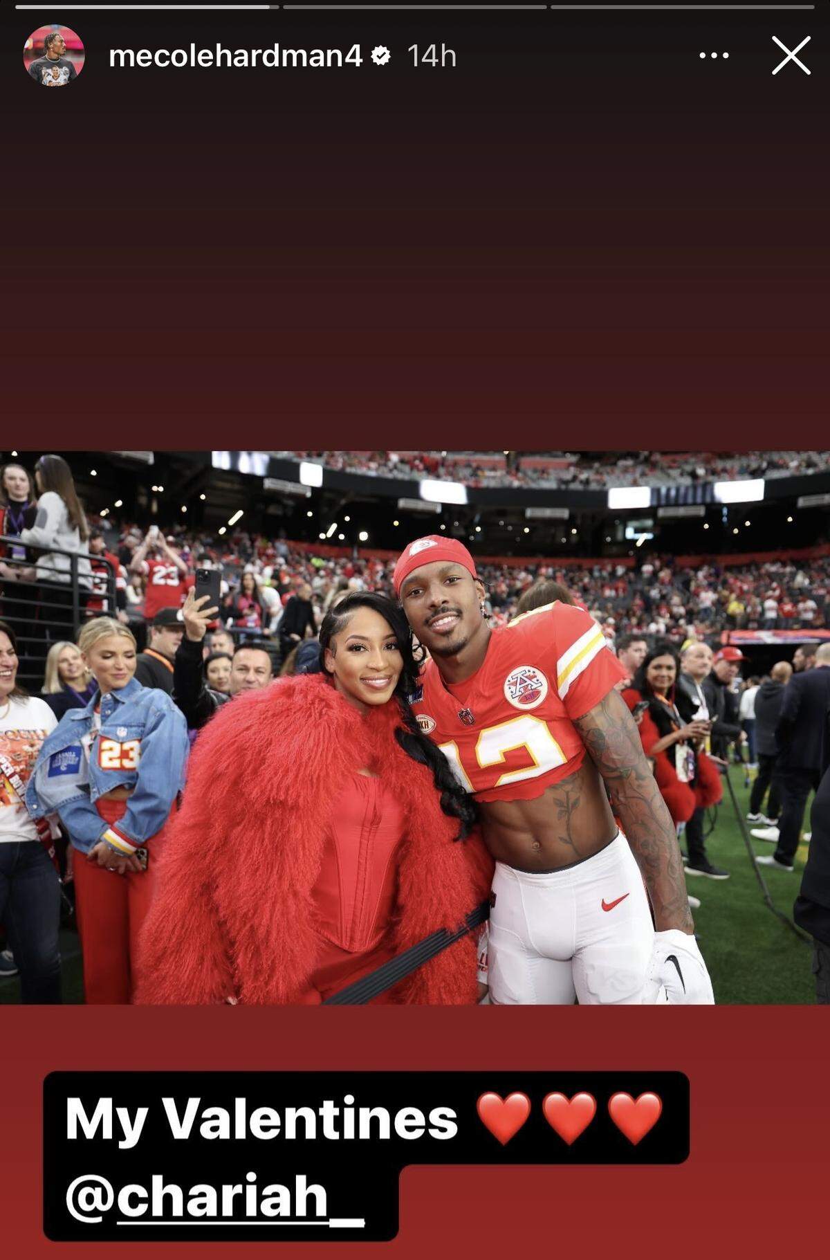 Kansas City Chiefs wide receiver Mecole Hardman Jr. posted a Valentine to his girlfriend and their unborn daughter on Wednesday.