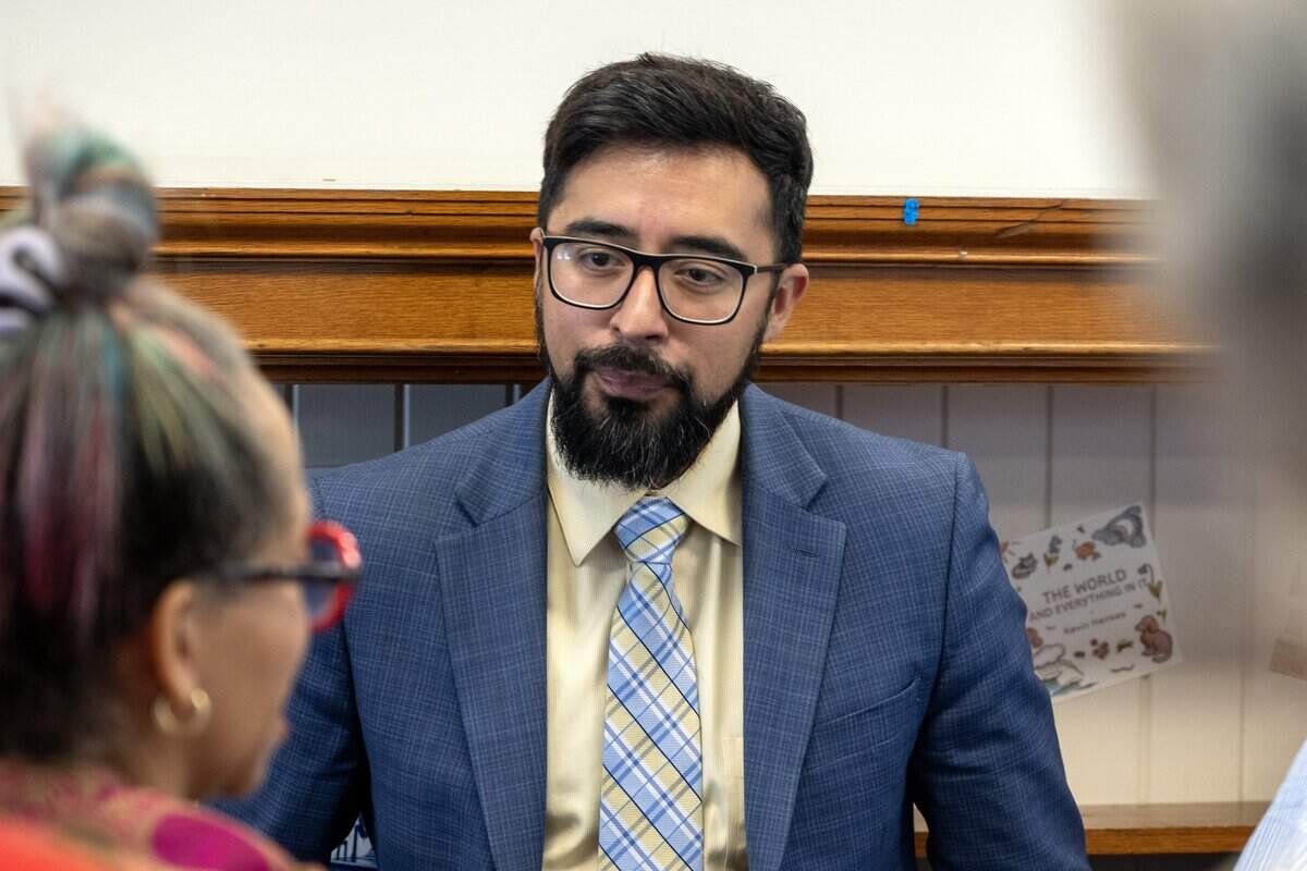 Councilman Crispin Rea speaks to residents about the proposed Costco Linwood Business Center zoning changes during a public meeting at the Westport Library Tuesday, July 7, 2026, in Kansas City.