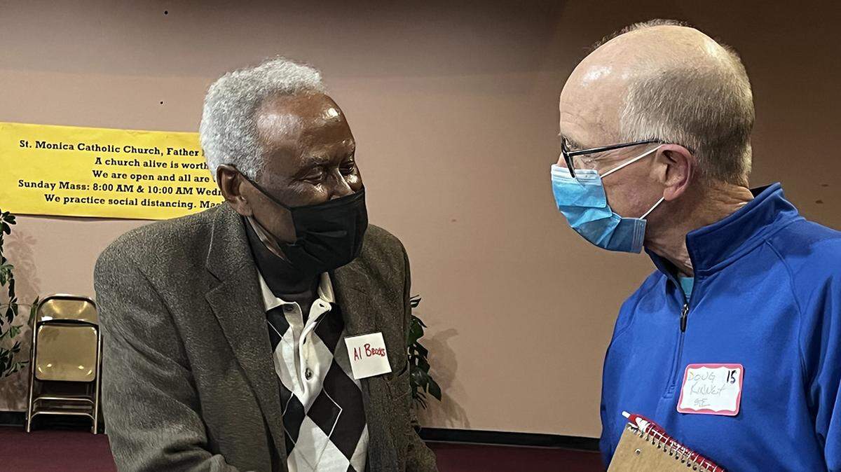 Republican lawmakers are trying to ban talking about uncomfortable truths in schools. They can’t stop leaders like Alvin Brooks, who shook hands with Doug Kinney at an event at St. Monica Catholic Church Thursday.