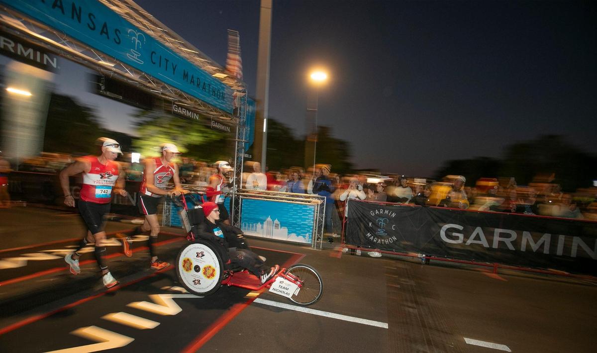 Wheelchair athlete Nick Finer of Iowa and his team competed in the 2024 Garmin Kansas City Marathon on Saturday, October 19, 2024 in KC.
