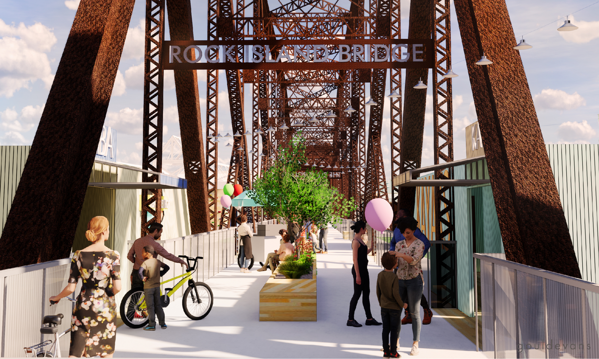 This rendering from Gould Evans architecture firm shows the potential redevelopment of the Rock Island Bridge. Flying Truss LLC hopes to create a crossing over the Kansas River and add food, beverage and entertainment venues on the structure.
