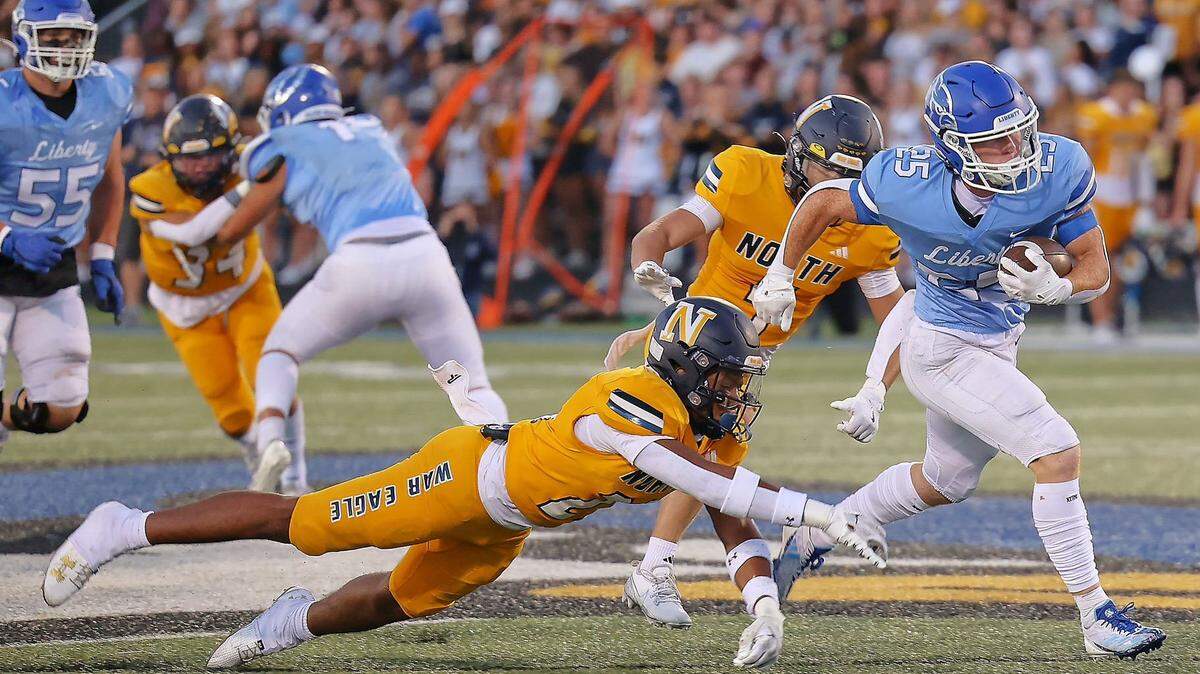 Liberty senior tailback Jaxon Hicks breaks loose for a 50-yard touchdown against Liberty North on Friday, Sept. 6. He’s one of several athletes nominated for Player of the Week.