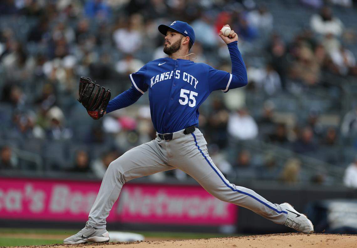 Cole Ragans #55 of the Kansas City Royals pitches during a game at Yankee Stadium on April 19, 2026 in New York City.