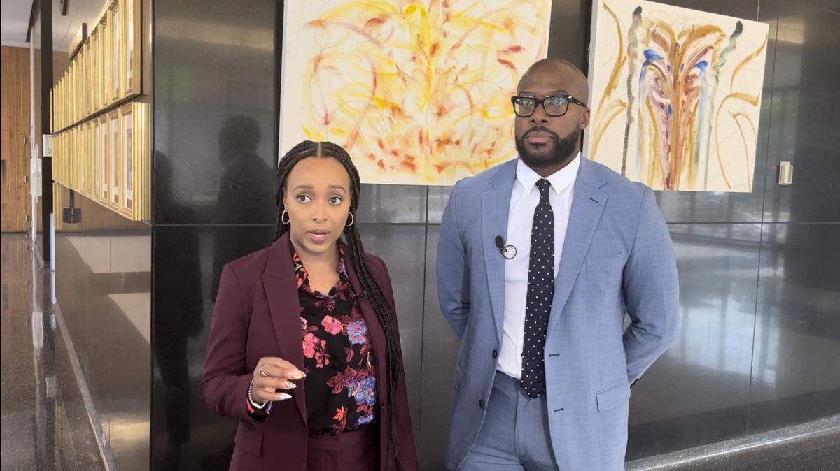 Attorneys Kay Harper Williams, left, and Nuru Witherspoon, right, spoke to reporters Wednesday in Wyandotte County/Kansas City, Kansas Unified Government City Hall following a law enforcement advisory board meeting.