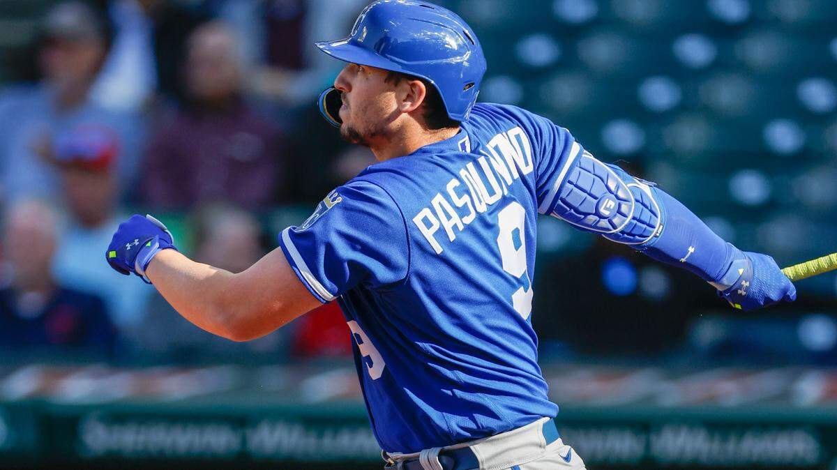 Kansas City Royals designated hitter Vinnie Pasquantino watches his solo home run off Cleveland Guardians starting pitcher Aaron Civale during the first inning of a baseball game, Wednesday, Oct. 5, 2022, in Cleveland. (AP Photo/Ron Schwane)