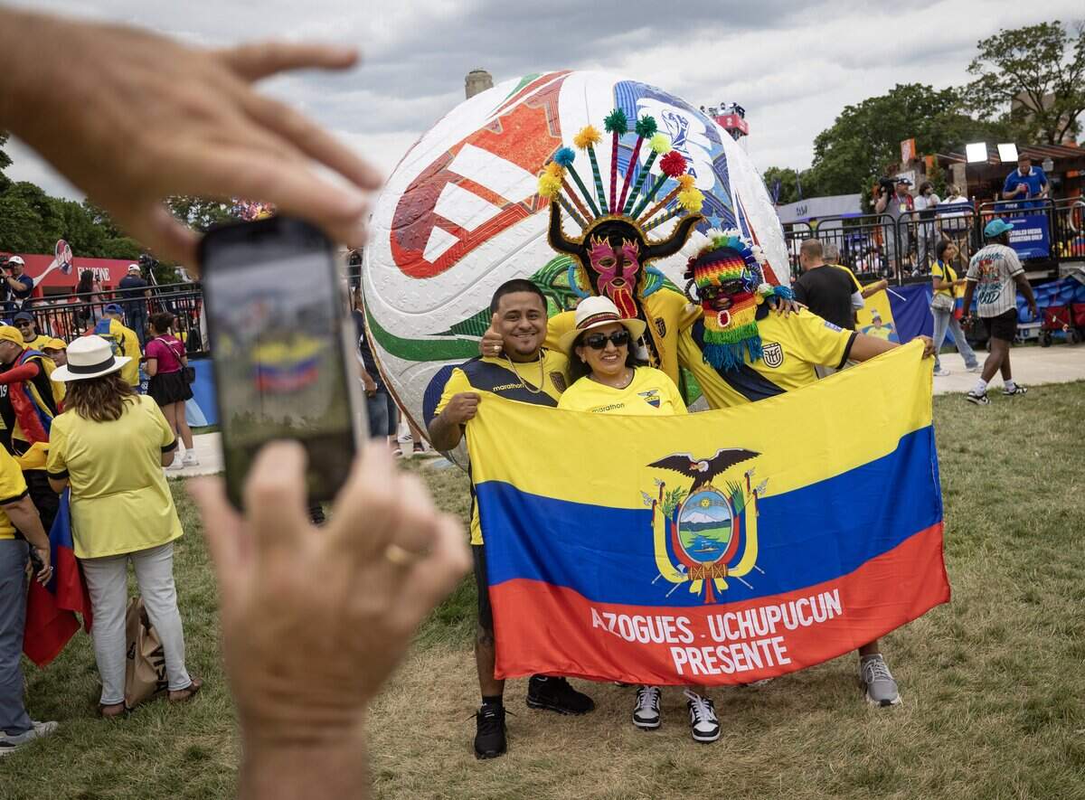 Ecuador fans rally on Friday night at the FIFA Fan Festival at Liberty Memorial. Ecuador takes on Curaçao during group stage play at Kansas City Stadium on Saturday.