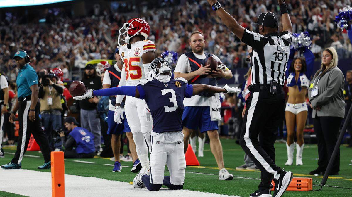 Dallas Cowboys wide receiver George Pickens celebrates his two-point conversion reception on a pass from Dak Prescott during an NFL Week 13 game against the Kansas City Chiefs at AT&T Stadium in Arlington, Texas on Thursday, Nov. 27, 2025.